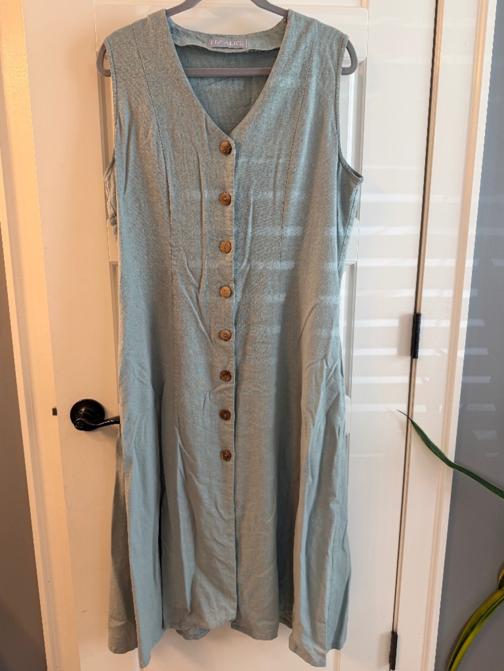 V. Fraiche Sage Green Button-Front Linen Blend Dress
